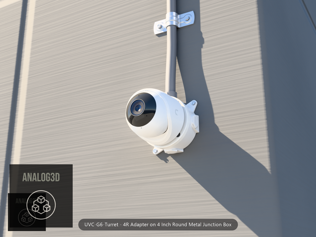 UVC-G6-Turret 4R adapter plate bolted to a 4 inch round metal junction box, 1/2 inch PVC conduit from the top hub, threaded plugs in the remaining hubs, concrete wall