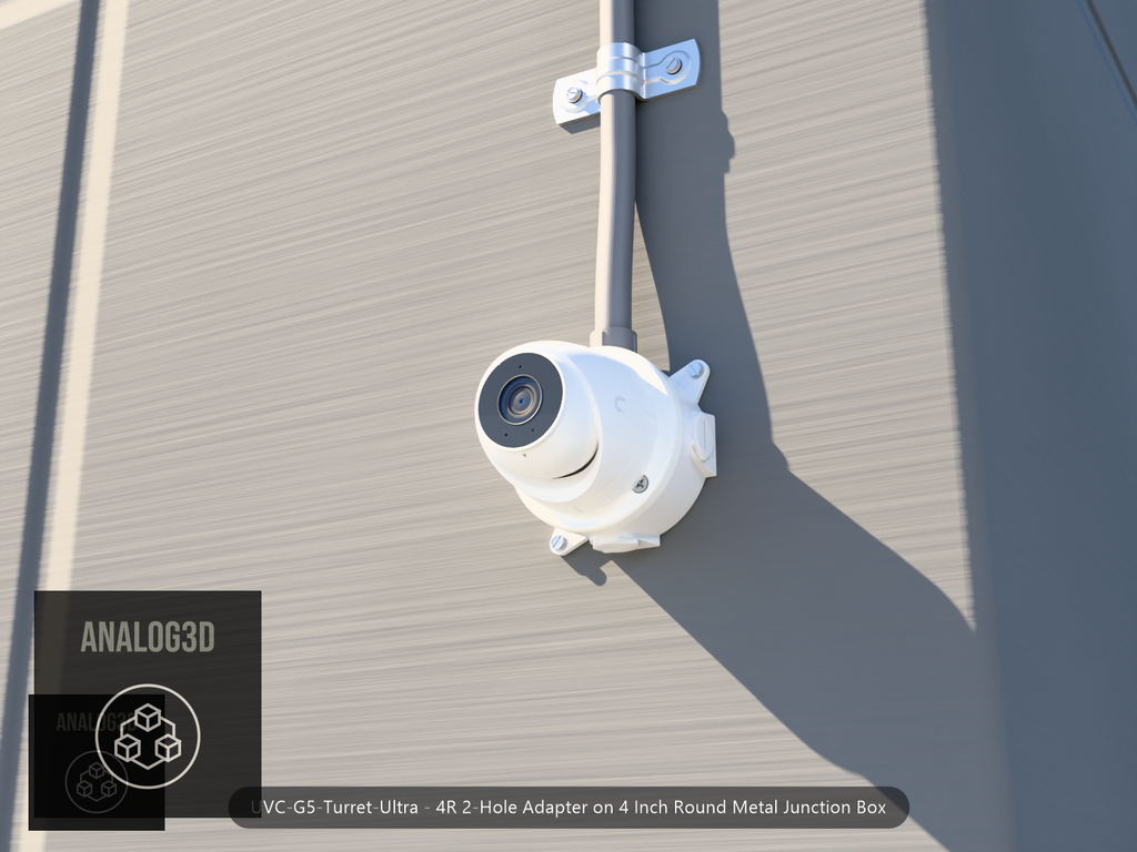 UVC-G5-Turret-Ultra 4R 2-hole adapter plate bolted to a 4 inch round metal junction box, 1/2 inch PVC conduit from the top hub, threaded plugs in the remaining hubs, concrete wall