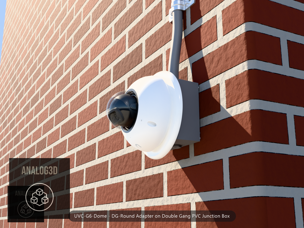 UVC-G6-Dome DG-Round adapter plate bolted to a double gang PVC junction box, 1/2 inch PVC conduit from the top hub, threaded plug in the bottom hub, brick wall
