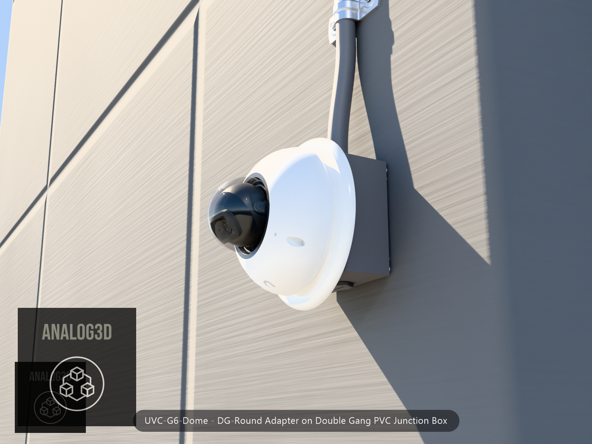 UVC-G6-Dome DG-Round adapter plate bolted to a double gang PVC junction box, 1/2 inch PVC conduit from the top hub, threaded plug in the bottom hub, concrete wall