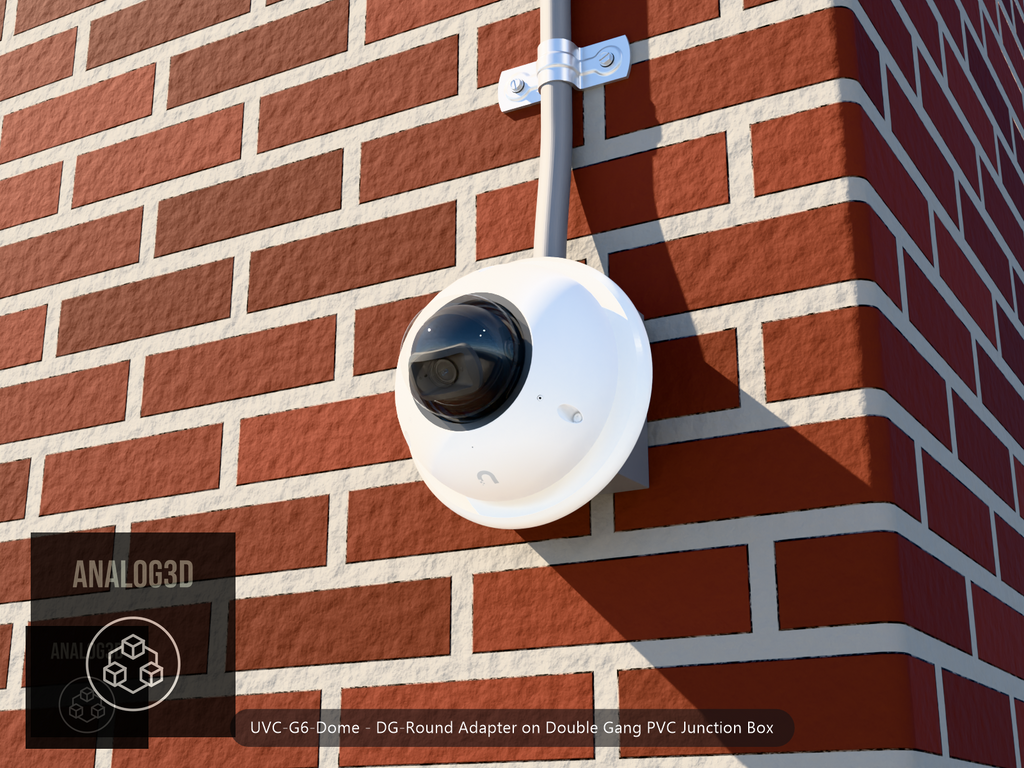 UVC-G6-Dome DG-Round adapter plate bolted to a double gang PVC junction box, 1/2 inch PVC conduit from the top hub, threaded plug in the bottom hub, brick wall