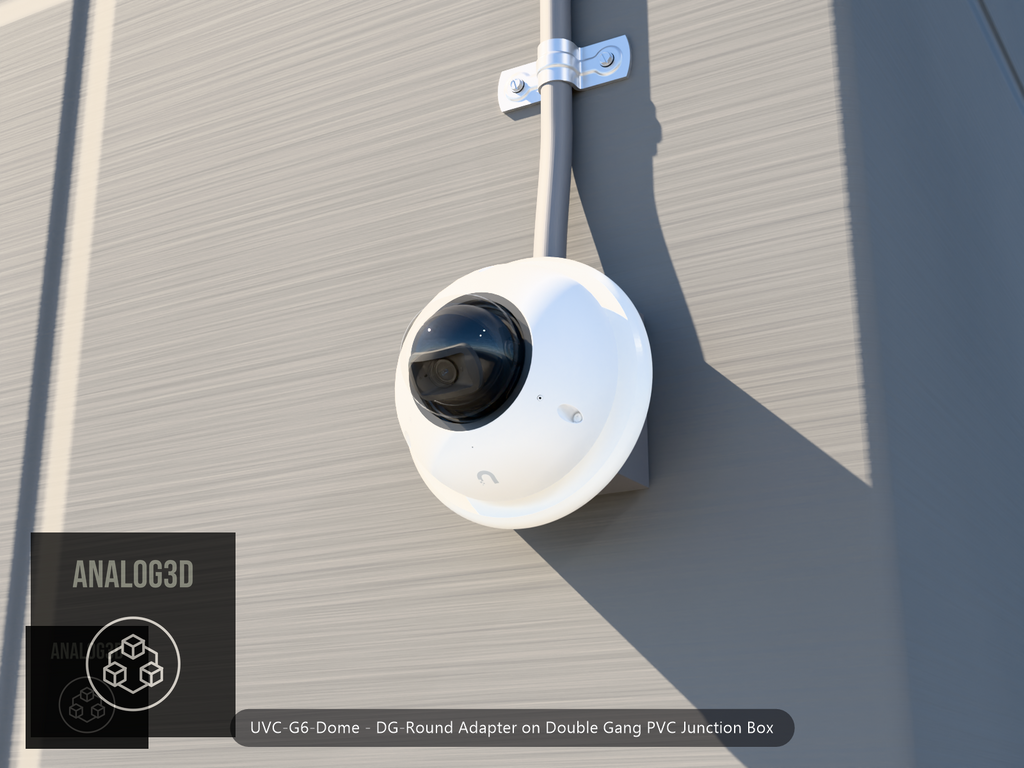 UVC-G6-Dome DG-Round adapter plate bolted to a double gang PVC junction box, 1/2 inch PVC conduit from the top hub, threaded plug in the bottom hub, concrete wall