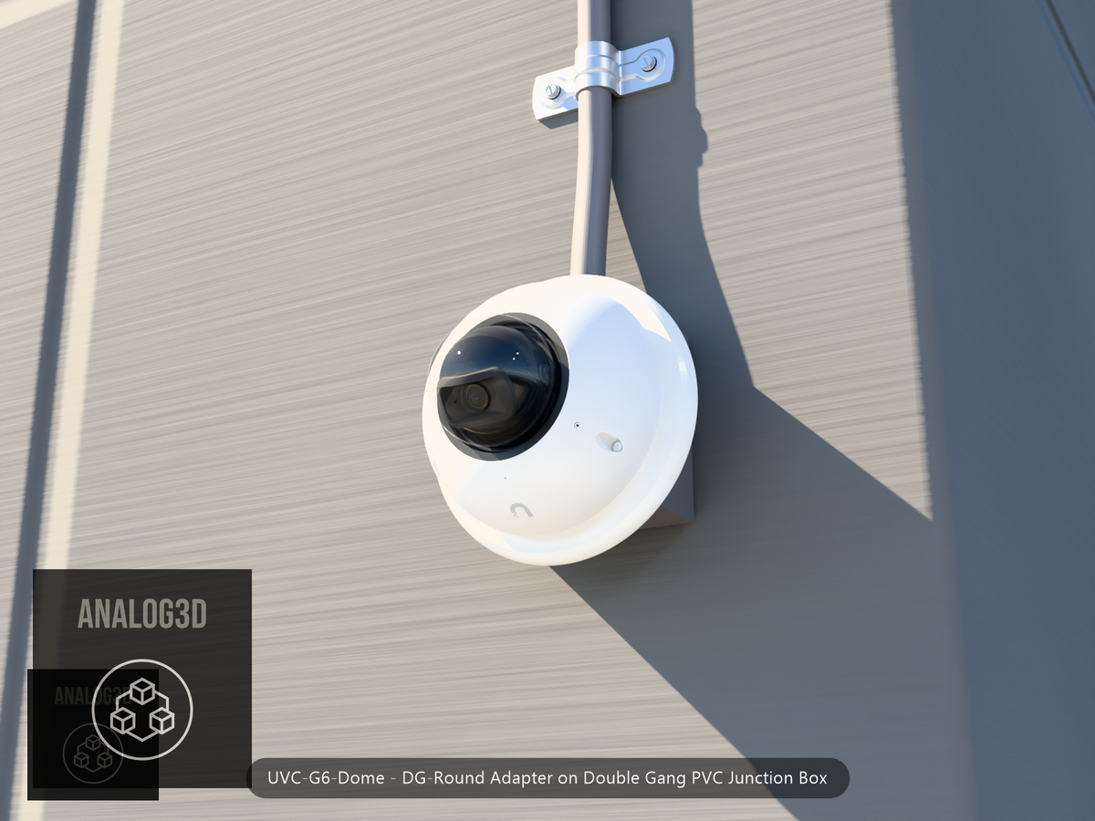 UVC-G6-Dome DG-Round adapter plate bolted to a double gang PVC junction box, 1/2 inch PVC conduit from the top hub, threaded plug in the bottom hub, concrete wall