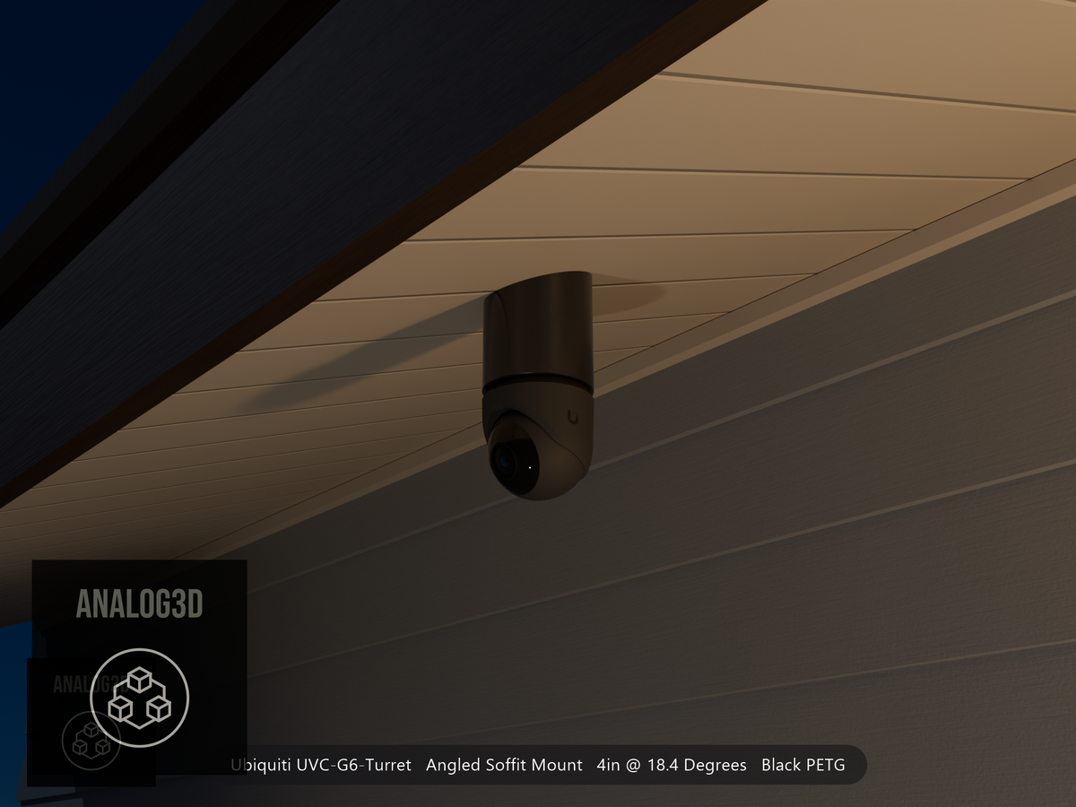 Ubiquiti UVC-G6-Turret black edition on black PETG angled soffit mount at night, 4in extension at 4/12 pitch