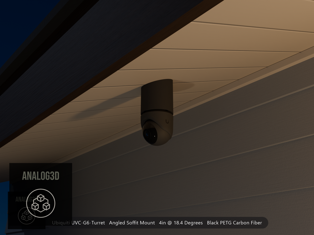 Ubiquiti UVC-G6-Turret black edition on black PETG carbon fiber angled soffit mount at night, 4in extension at 4/12 pitch