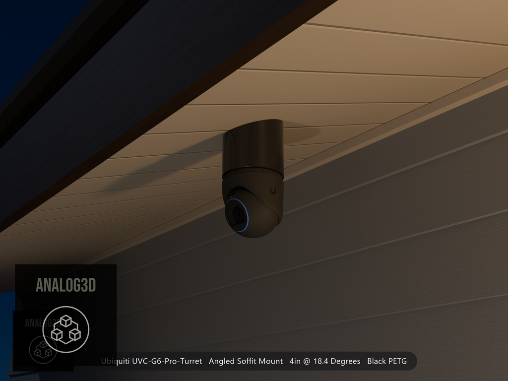 Ubiquiti UVC-G6-Pro-Turret black edition on black PETG angled soffit mount at night, 4in extension at 4/12 pitch