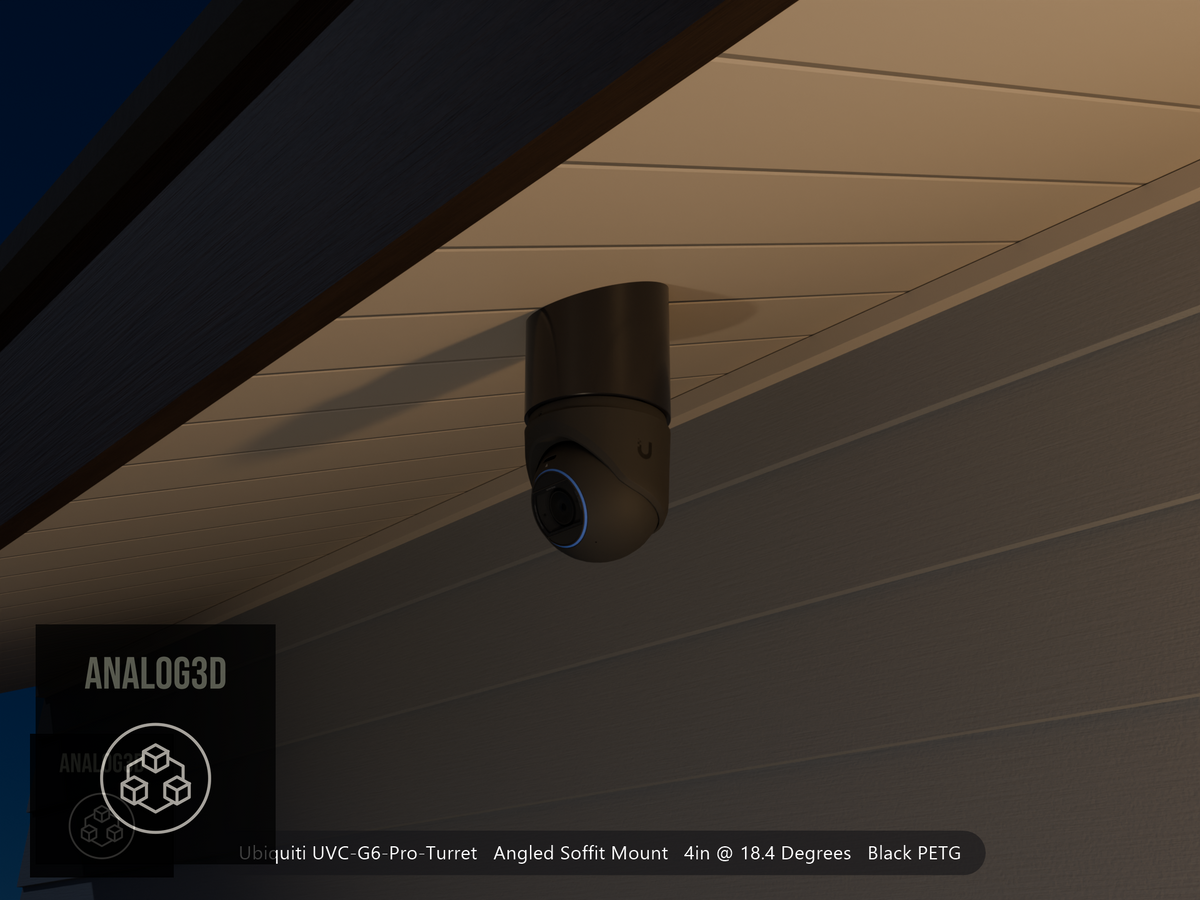 Ubiquiti UVC-G6-Pro-Turret black edition on black PETG angled soffit mount at night, 4in extension at 4/12 pitch