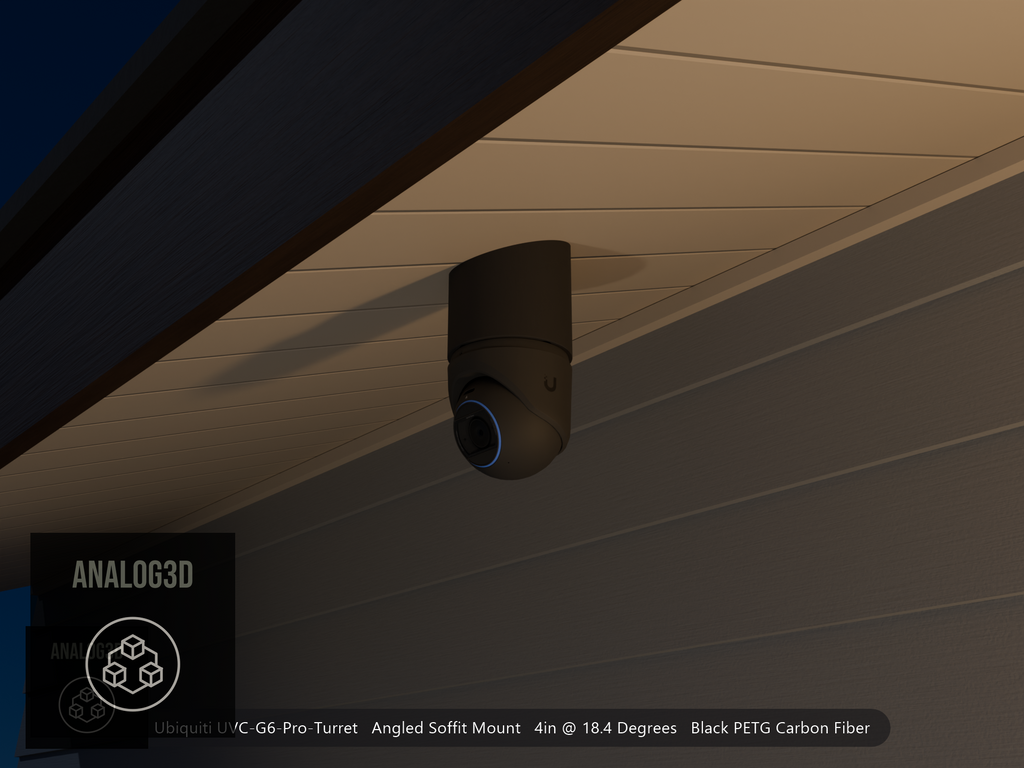 Ubiquiti UVC-G6-Pro-Turret black edition on black PETG carbon fiber angled soffit mount at night, 4in extension at 4/12 pitch