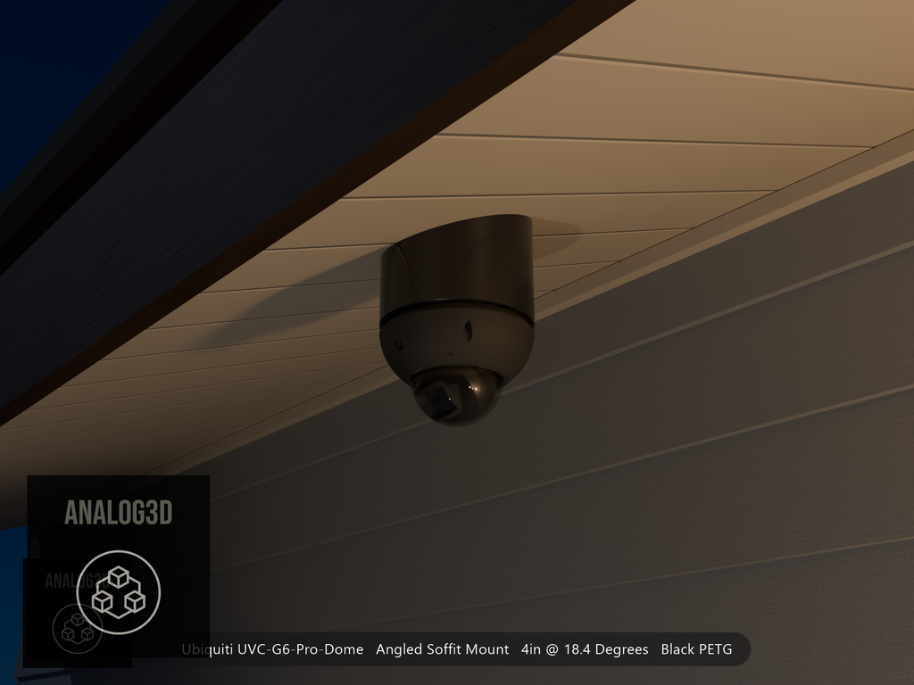 Ubiquiti UVC-G6-Pro-Dome black edition on black PETG angled soffit mount at night, 4in extension at 4/12 pitch