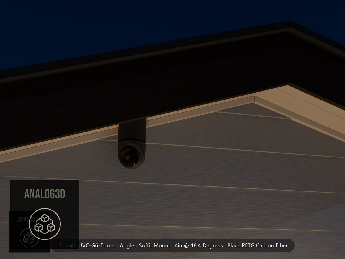 Ubiquiti UVC-G6-Turret black edition on black PETG carbon fiber angled soffit mount under a gable eave at night, 4in extension at 4/12 pitch