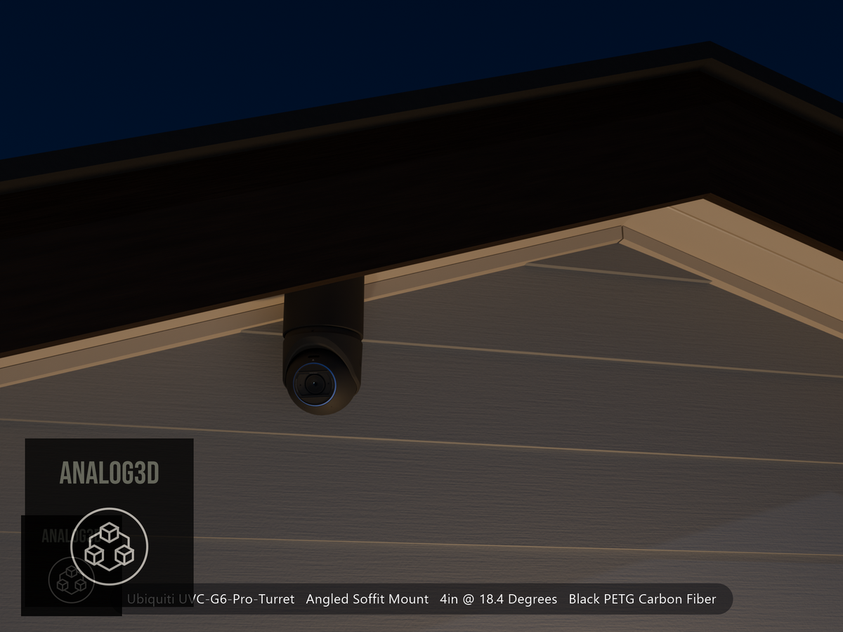 Ubiquiti UVC-G6-Pro-Turret black edition on black PETG carbon fiber angled soffit mount under a gable eave at night, 4in extension at 4/12 pitch
