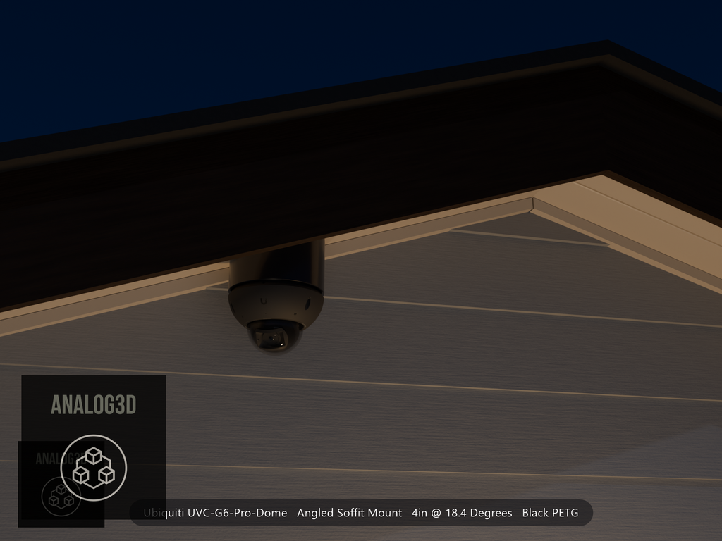 Ubiquiti UVC-G6-Pro-Dome black edition on black PETG angled soffit mount under a gable eave at night, 4in extension at 4/12 pitch