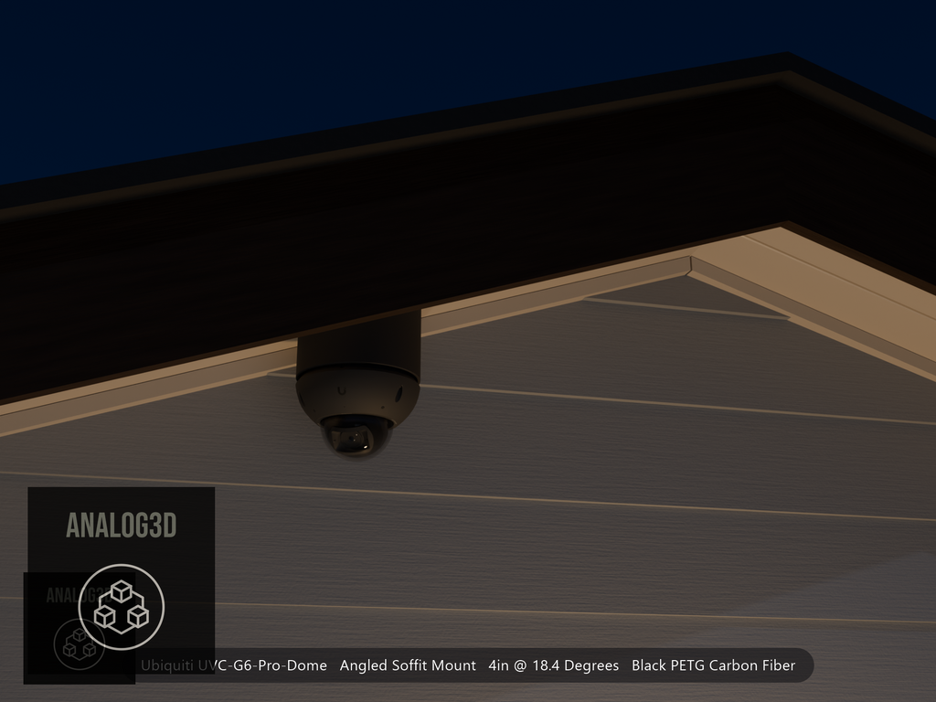 Ubiquiti UVC-G6-Pro-Dome black edition on black PETG carbon fiber angled soffit mount under a gable eave at night, 4in extension at 4/12 pitch