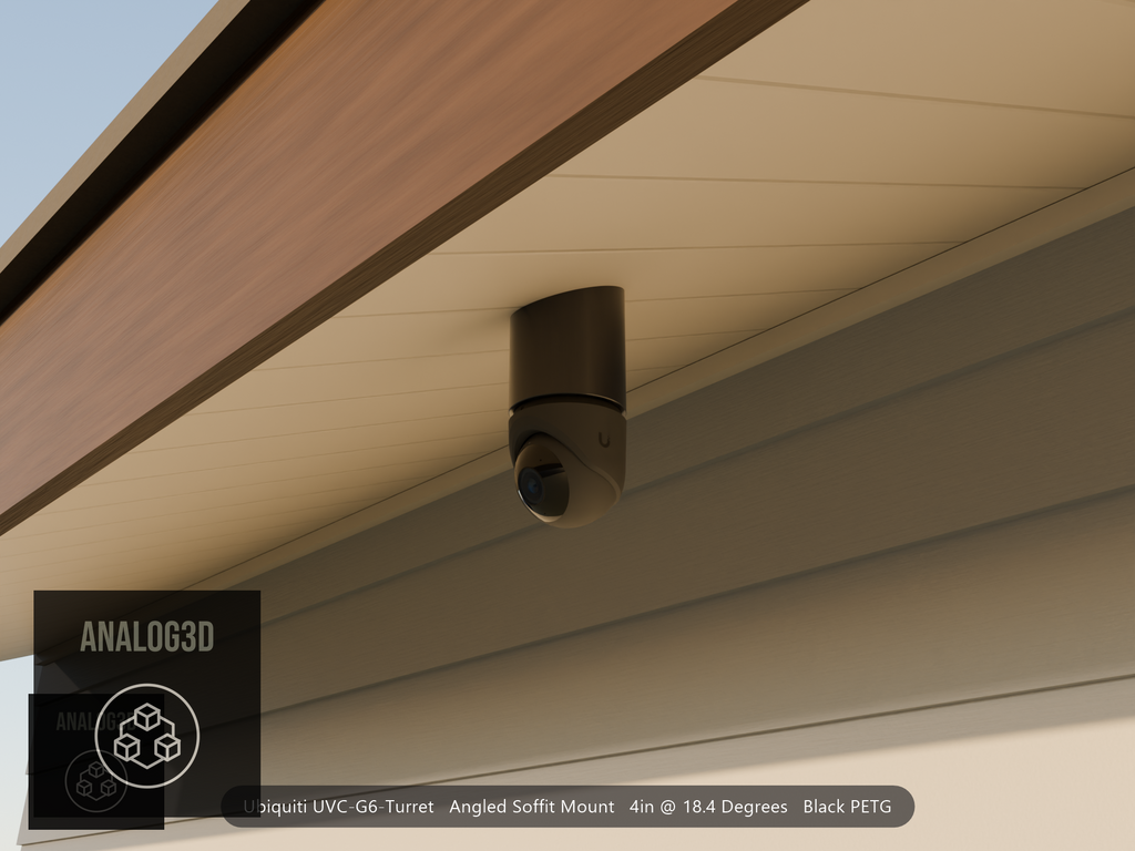 Ubiquiti UVC-G6-Turret black edition on black PETG angled soffit mount under a soffit at golden hour