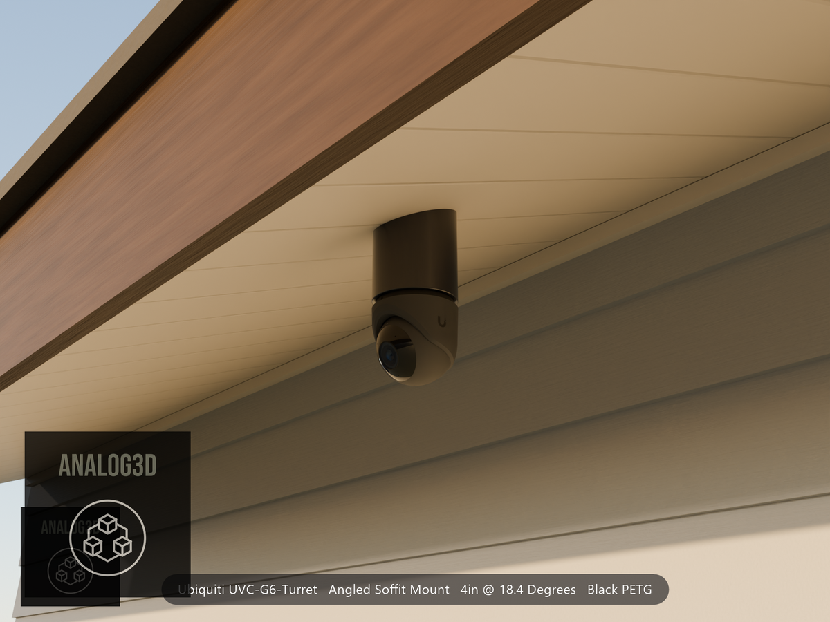 Ubiquiti UVC-G6-Turret black edition on black PETG angled soffit mount under a soffit at golden hour