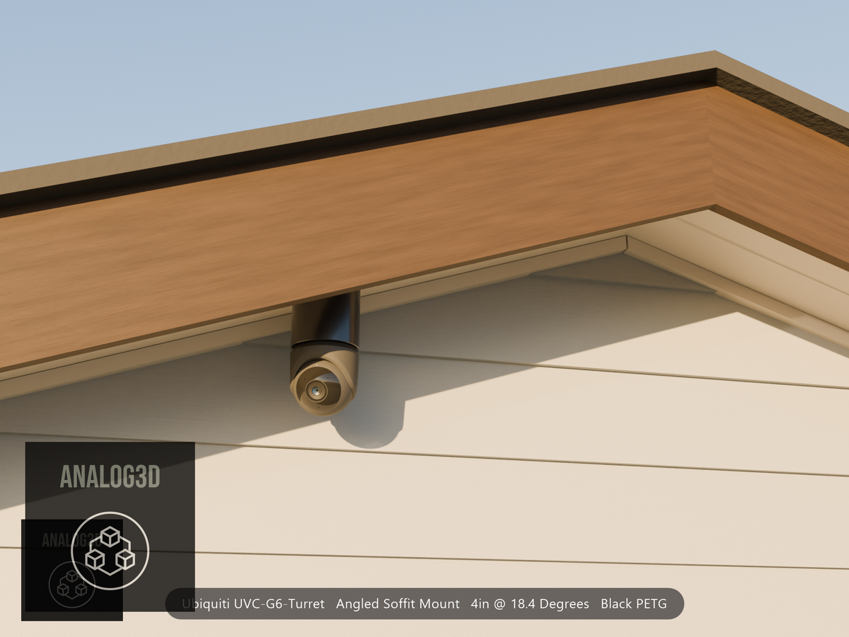 Ubiquiti UVC-G6-Turret black edition on black PETG angled soffit mount under a gable eave at golden hour