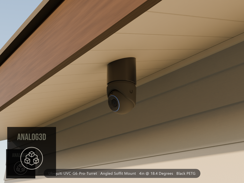 Ubiquiti UVC-G6-Pro-Turret black edition on black PETG angled soffit mount under a soffit at golden hour