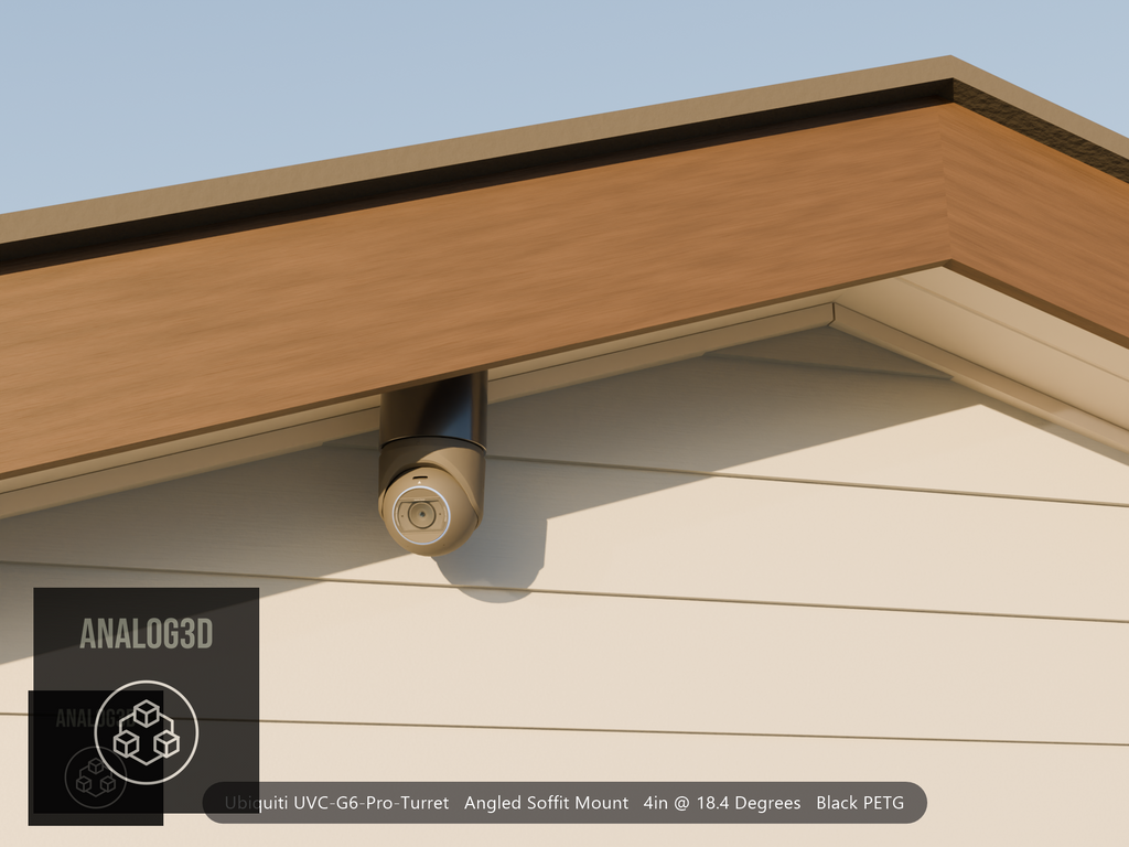 Ubiquiti UVC-G6-Pro-Turret black edition on black PETG angled soffit mount under a gable eave at golden hour