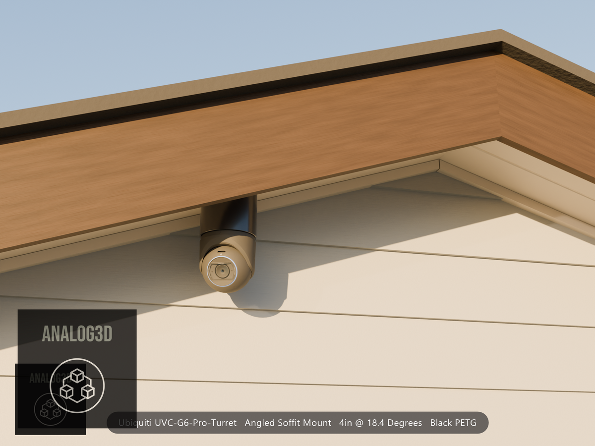 Ubiquiti UVC-G6-Pro-Turret black edition on black PETG angled soffit mount under a gable eave at golden hour