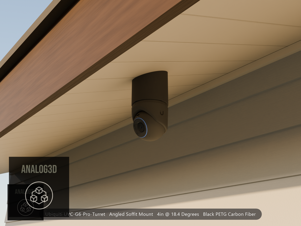 Ubiquiti UVC-G6-Pro-Turret black edition on black PETG carbon fiber angled soffit mount under a soffit at golden hour