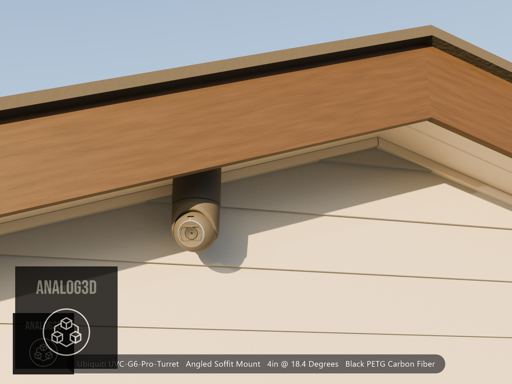 Ubiquiti UVC-G6-Pro-Turret black edition on black PETG carbon fiber angled soffit mount under a gable eave at golden hour