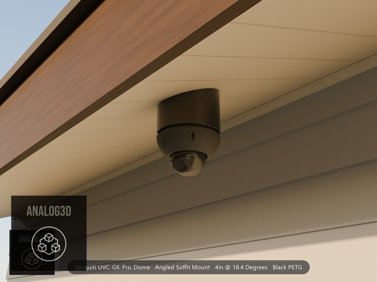 Ubiquiti UVC-G6-Pro-Dome black edition on black PETG angled soffit mount under a soffit at golden hour