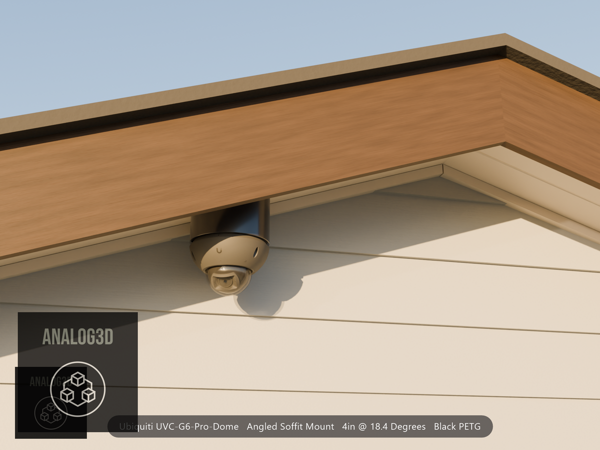 Ubiquiti UVC-G6-Pro-Dome black edition on black PETG angled soffit mount under a gable eave at golden hour