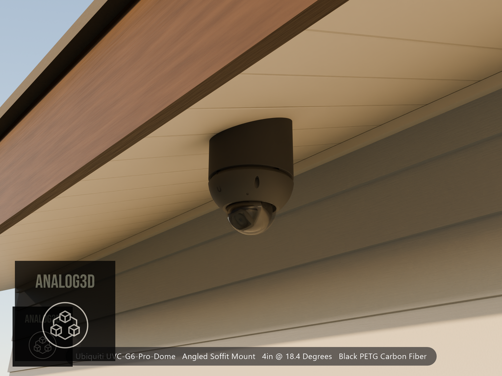 Ubiquiti UVC-G6-Pro-Dome black edition on black PETG carbon fiber angled soffit mount under a soffit at golden hour