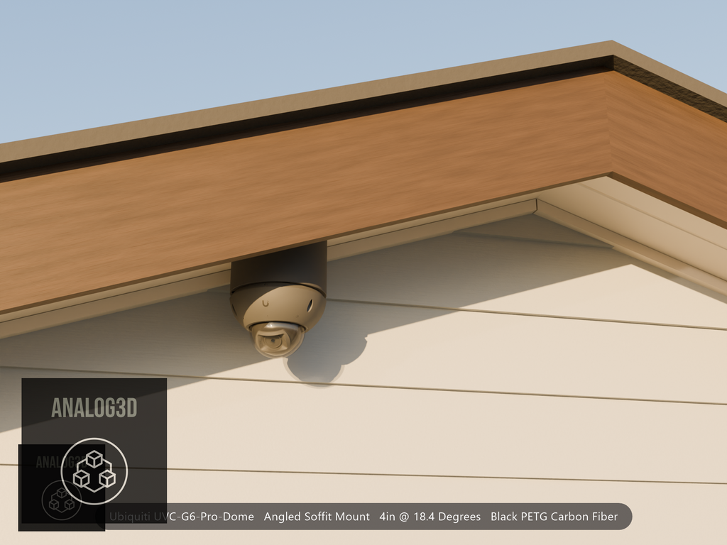 Ubiquiti UVC-G6-Pro-Dome black edition on black PETG carbon fiber angled soffit mount under a gable eave at golden hour