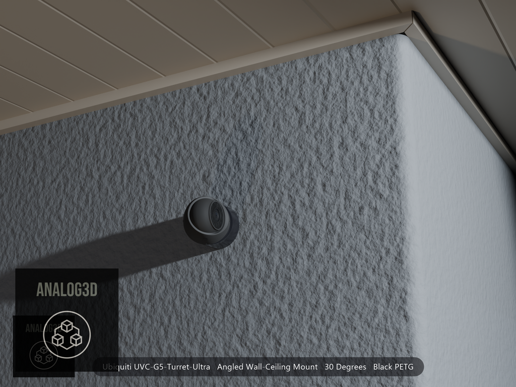 Ubiquiti UVC-G5-Turret-Ultra angled wall mount in black PETG on a stucco wall at night