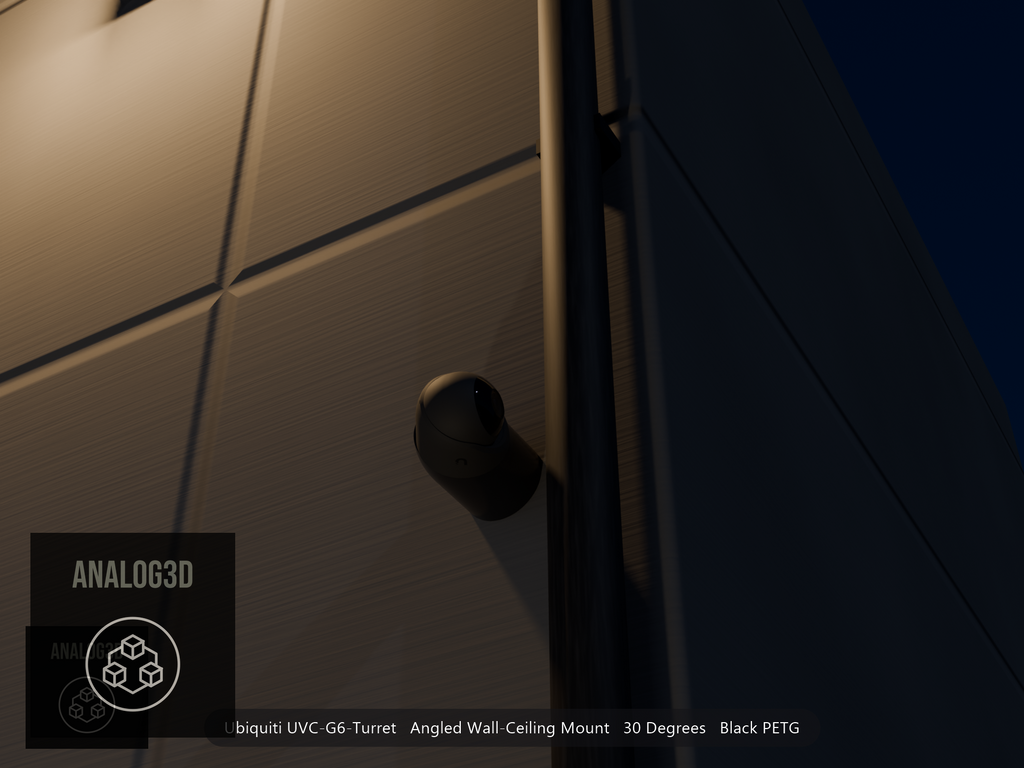 Ubiquiti UVC-G6-Turret on black PETG angled wall mount extending past a downspout on a concrete wall at night