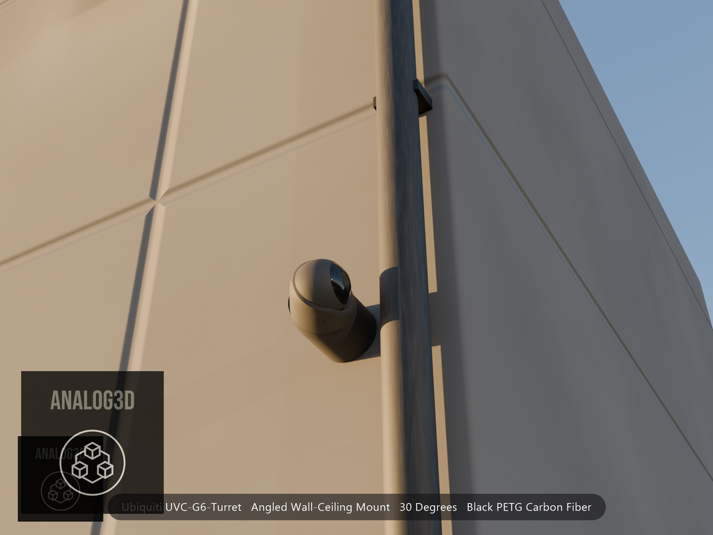 Ubiquiti UVC-G6-Turret on black PETG carbon fiber angled wall mount extending past a downspout on a concrete wall at golden hour