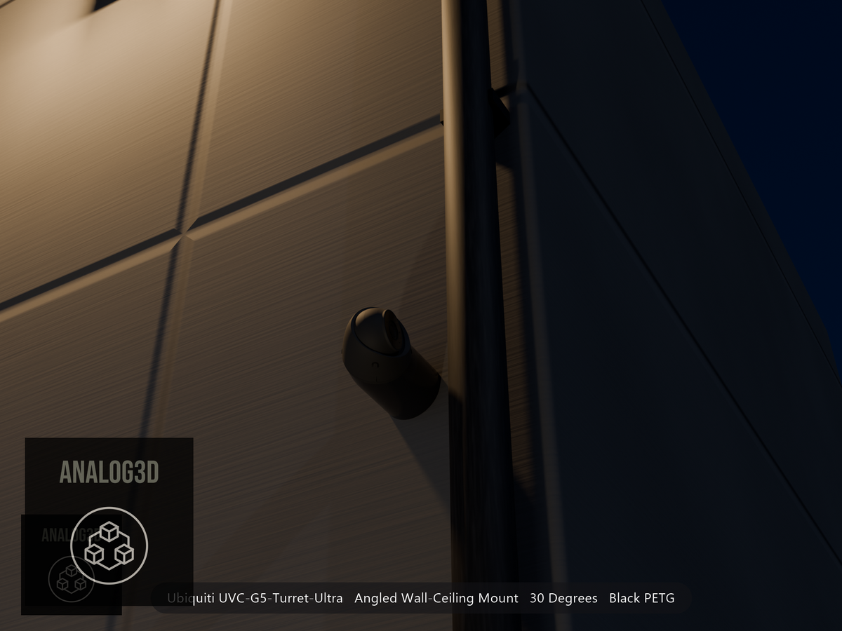 Ubiquiti UVC-G5-Turret-Ultra on black PETG angled wall mount extending past a downspout on a concrete wall at night