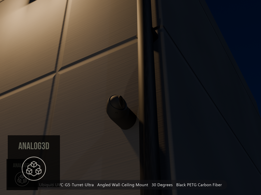 Ubiquiti UVC-G5-Turret-Ultra on black PETG carbon fiber angled wall mount extending past a downspout on a concrete wall at night