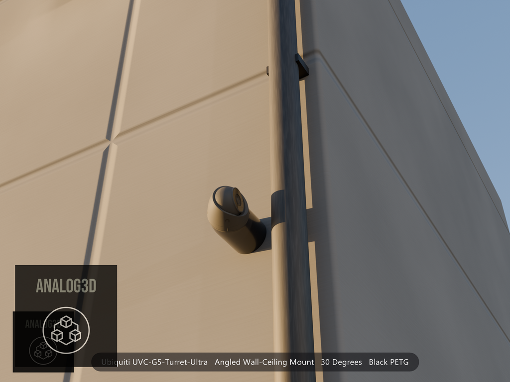 Ubiquiti UVC-G5-Turret-Ultra on black PETG angled wall mount extending past a downspout on a concrete wall at golden hour