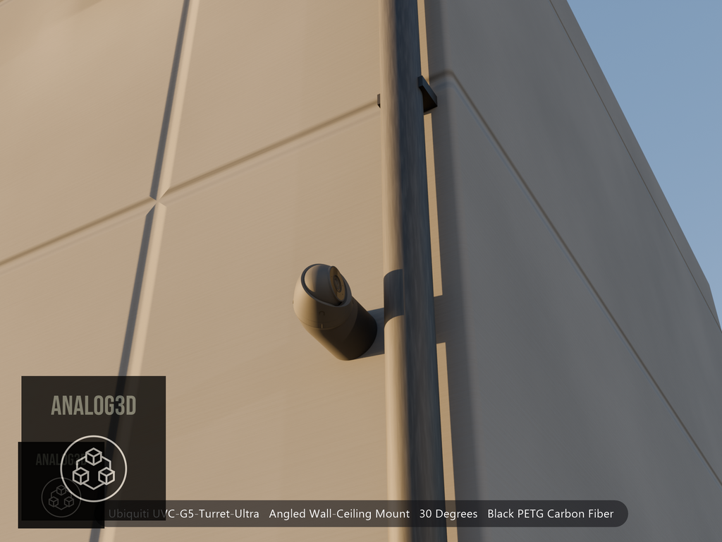 Ubiquiti UVC-G5-Turret-Ultra on black PETG carbon fiber angled wall mount extending past a downspout on a concrete wall at golden hour