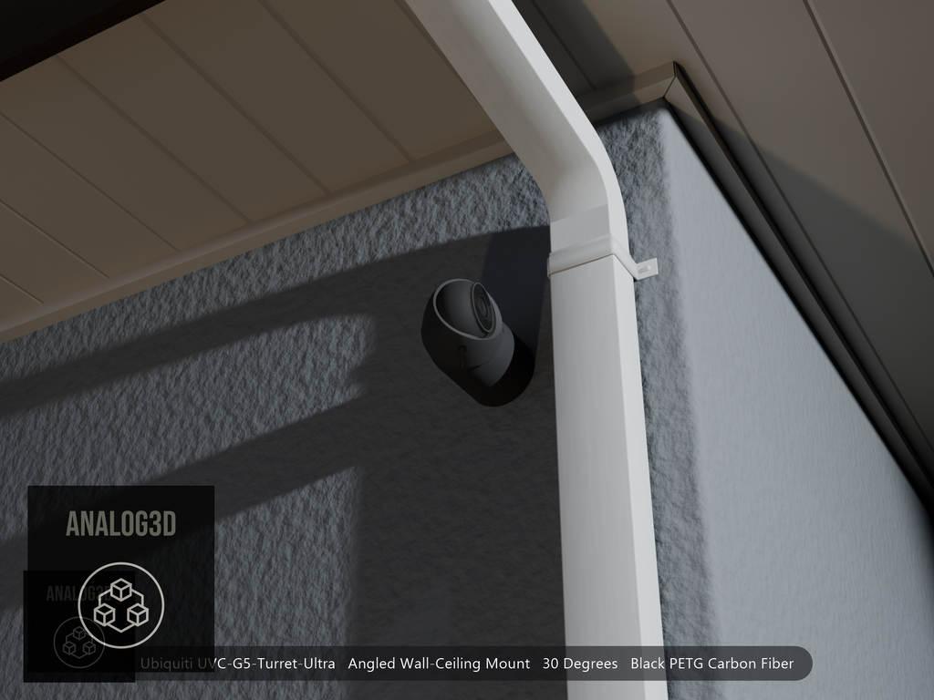 Ubiquiti UVC-G5-Turret-Ultra on black PETG carbon fiber angled wall mount extending past a downspout on a stucco wall at night