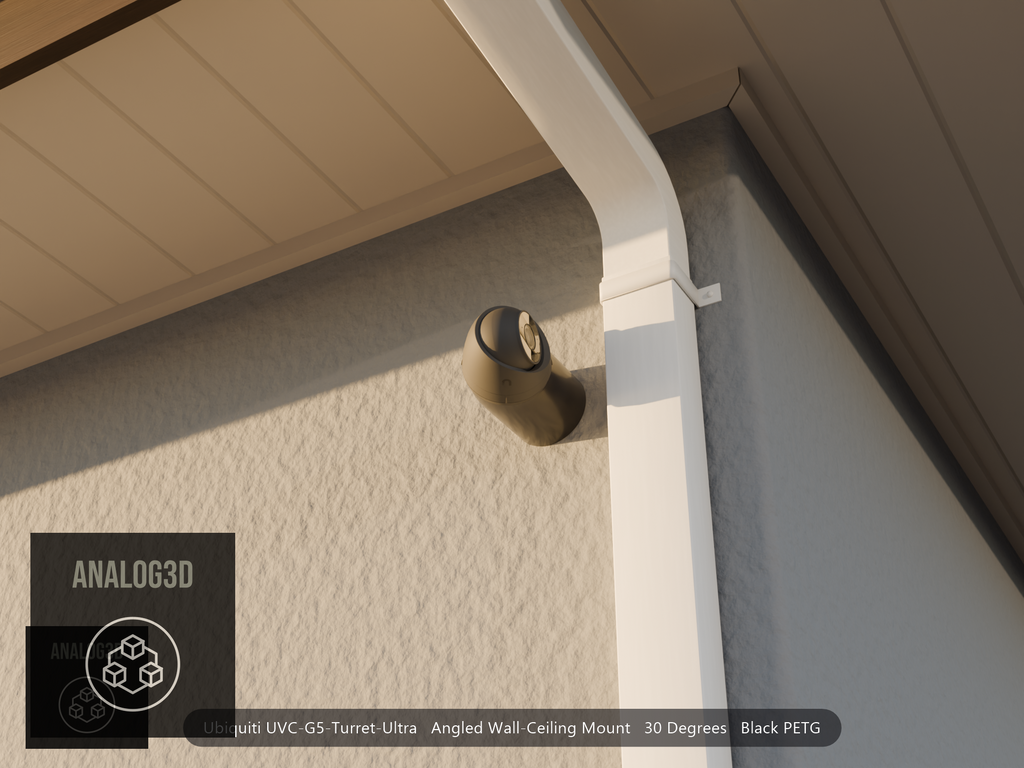 Ubiquiti UVC-G5-Turret-Ultra on black PETG angled wall mount extending past a downspout on a stucco wall at golden hour