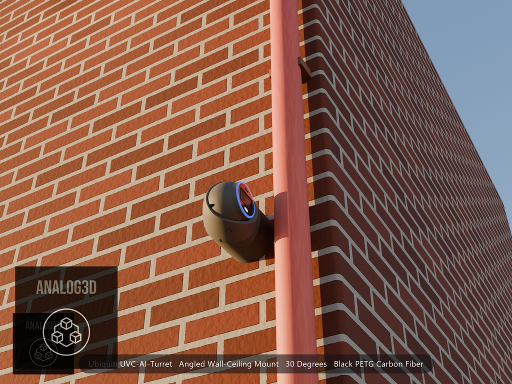 Ubiquiti UVC-AI-Turret on black PETG carbon fiber angled wall mount extending past a downspout on a brick wall at golden hour