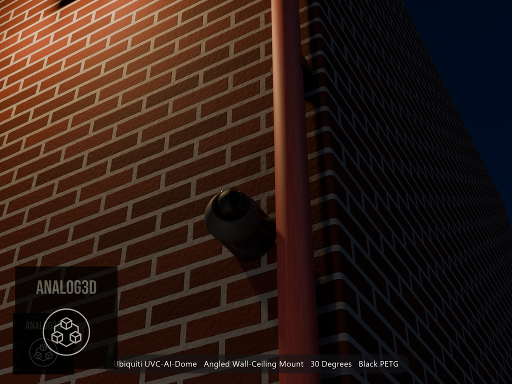 Ubiquiti UVC-AI-Dome on black PETG angled wall mount extending past a downspout on a brick wall at night