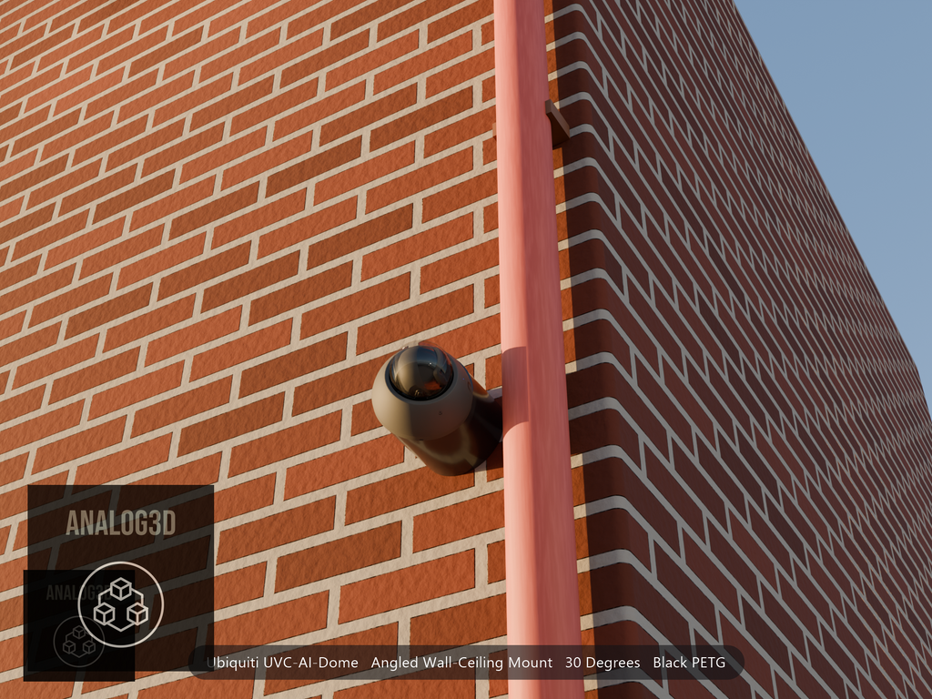 Ubiquiti UVC-AI-Dome on black PETG angled wall mount extending past a downspout on a brick wall at golden hour