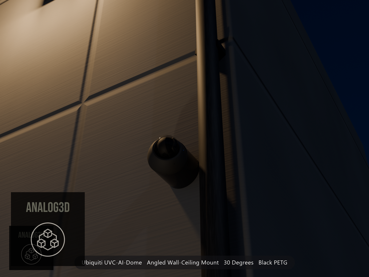 Ubiquiti UVC-AI-Dome on black PETG angled wall mount extending past a downspout on a concrete wall at night
