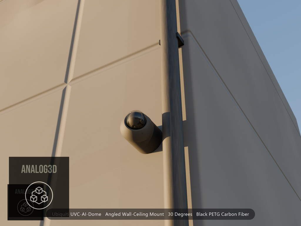 Ubiquiti UVC-AI-Dome on black PETG carbon fiber angled wall mount extending past a downspout on a concrete wall at golden hour