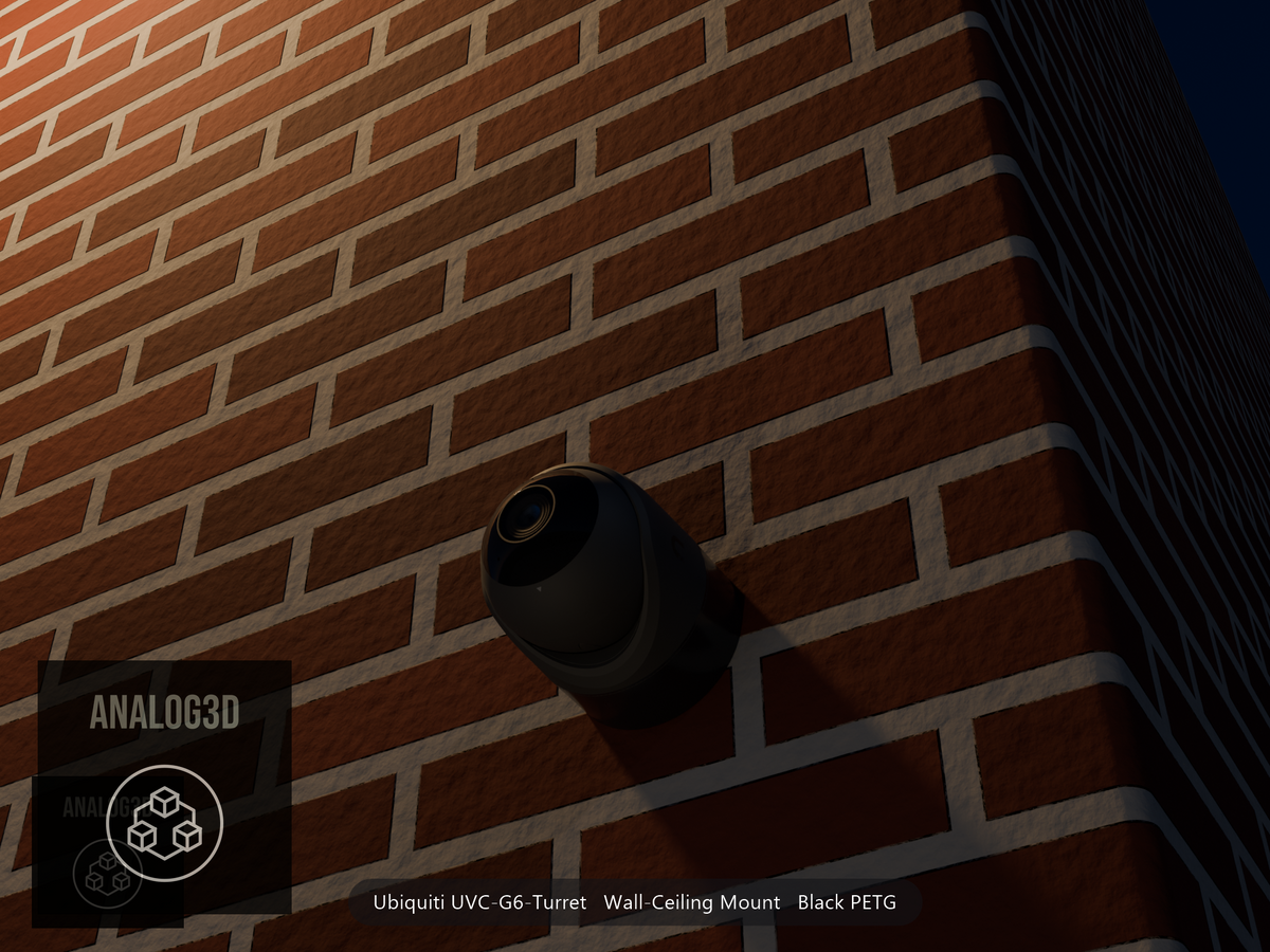 Ubiquiti UVC-G6-Turret on black PETG wall-ceiling mount on a brick wall at night