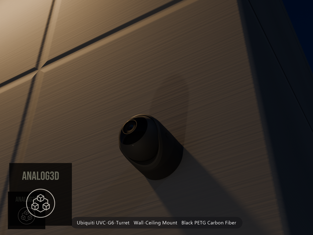 Ubiquiti UVC-G6-Turret on black PETG carbon fiber wall-ceiling mount on a concrete wall at night