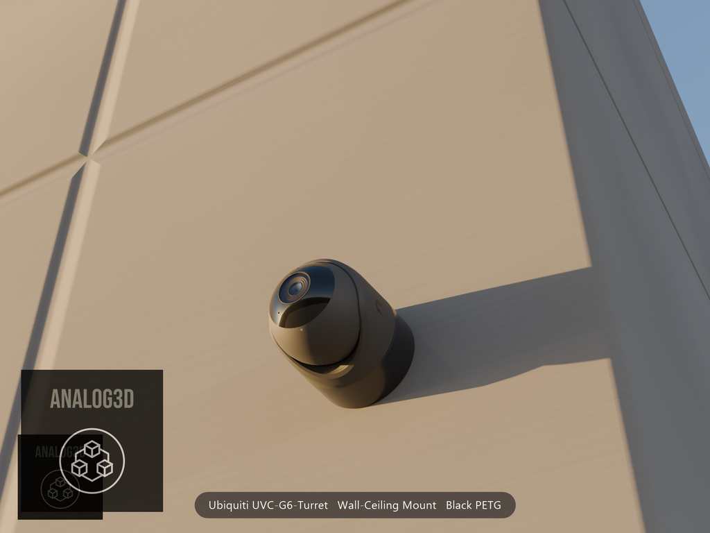 Ubiquiti UVC-G6-Turret on black PETG wall-ceiling mount on a concrete wall at golden hour