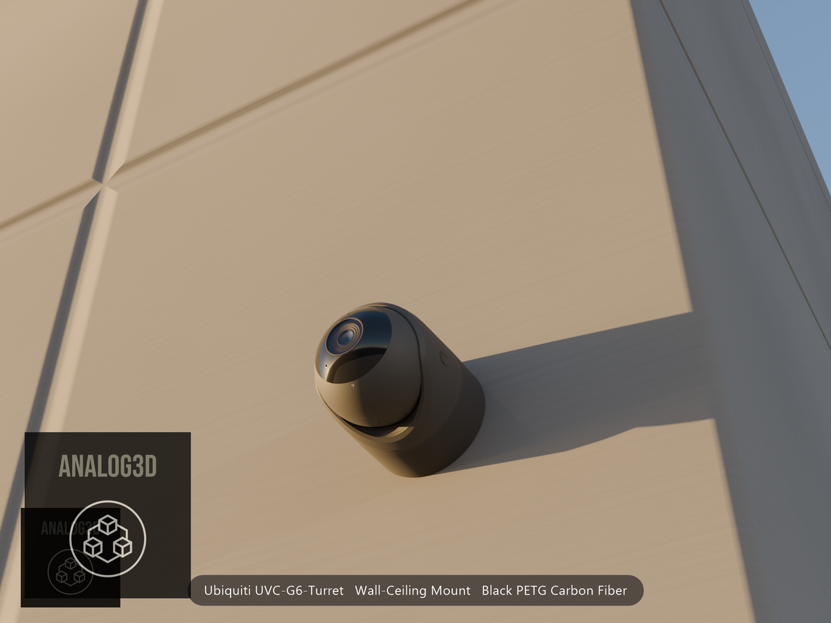 Ubiquiti UVC-G6-Turret on black PETG carbon fiber wall-ceiling mount on a concrete wall at golden hour
