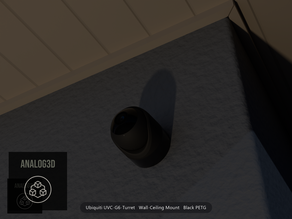 Ubiquiti UVC-G6-Turret on black PETG wall-ceiling mount on a stucco wall at night