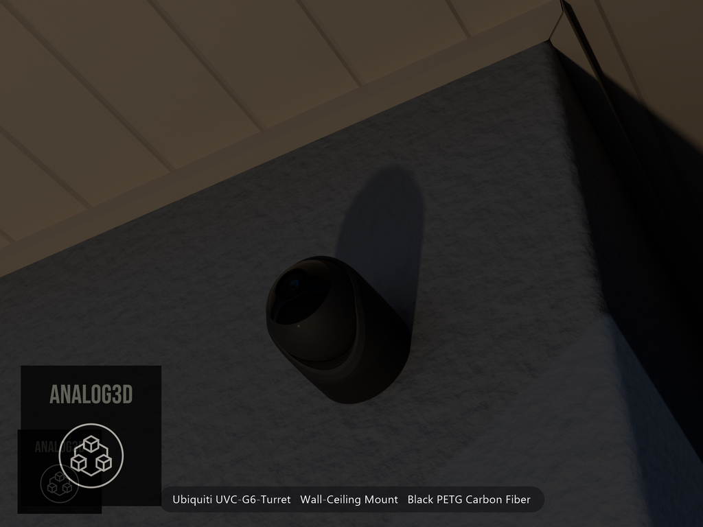 Ubiquiti UVC-G6-Turret on black PETG carbon fiber wall-ceiling mount on a stucco wall at night