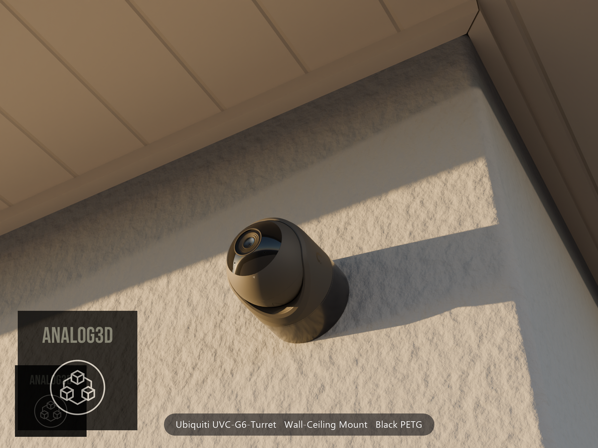 Ubiquiti UVC-G6-Turret on black PETG wall-ceiling mount on a stucco wall at golden hour